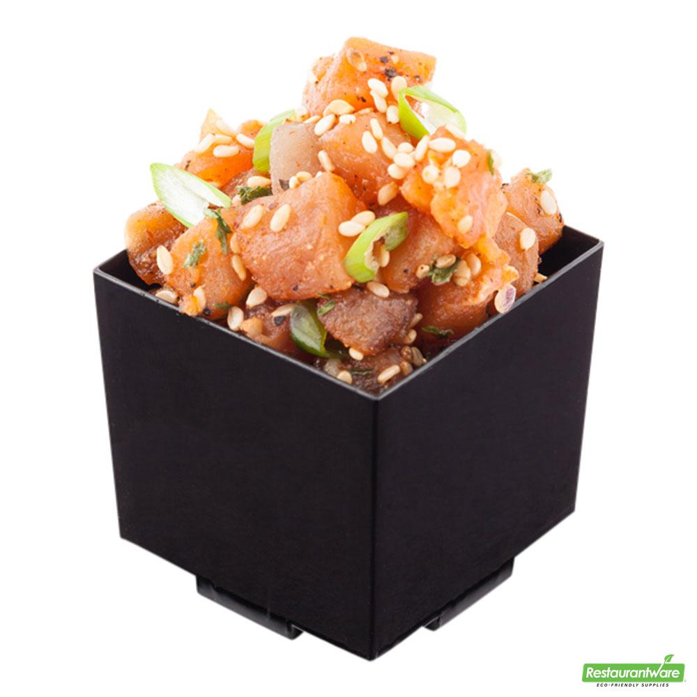 Wholesale Restaurantware 100 3 Oz Square Black Plastic Quadrato Cups and 100 Silver Plastic 4" Mini Forks- Bulk
