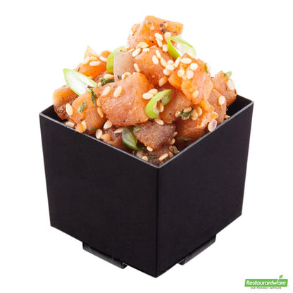 Wholesale Restaurantware 100 3 Oz Square Black Plastic Quadrato Cups and 100 Silver Plastic 4" Mini Forks- Bulk