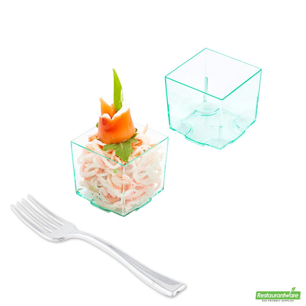 Wholesale Restaurantware 100 3 Oz Square Seagreen Plastic Quadrato Cups and 100 Silver Plastic 4" Mini Forks- Bulk