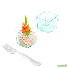 Wholesale Restaurantware 100 3 Oz Square Seagreen Plastic Quadrato Cups and 100 Silver Plastic 4" Mini Forks- Bulk