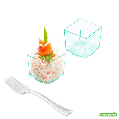 Wholesale Restaurantware 100 3 Oz Square Seagreen Plastic Quadrato Cups and 100 Silver Plastic 4" Mini Forks- Bulk