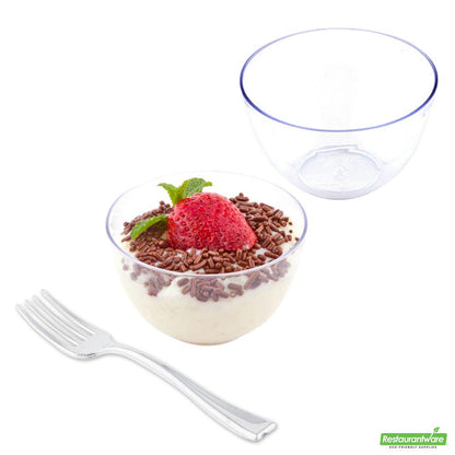 Wholesale Restaurantware 100 4 Oz Round Clear Plastic Bodega Cups and 100 Silver Plastic 4" Mini Forks- Bulk