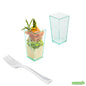 Wholesale Restaurantware 100 4 Oz Square Seagreen Plastic Tall Geometric Cups and 100 Silver Plastic 4" Mini Forks- Bulk