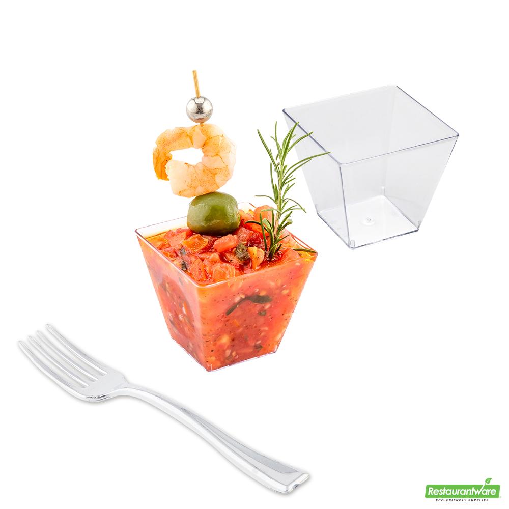 Wholesale Restaurantware 100 4 Oz Square Clear Plastic Small Kova Cups and 100 Silver Plastic 4" Mini Forks- Bulk