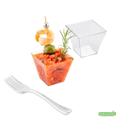 Wholesale Restaurantware 100 4 Oz Square Clear Plastic Small Kova Cups and 100 Silver Plastic 4" Mini Forks- Bulk