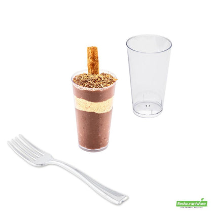 Wholesale Restaurantware 100 3 Oz Round Clear Plastic Cannello Dessert Glass and 100 Silver Plastic 4" Mini Forks- Bulk