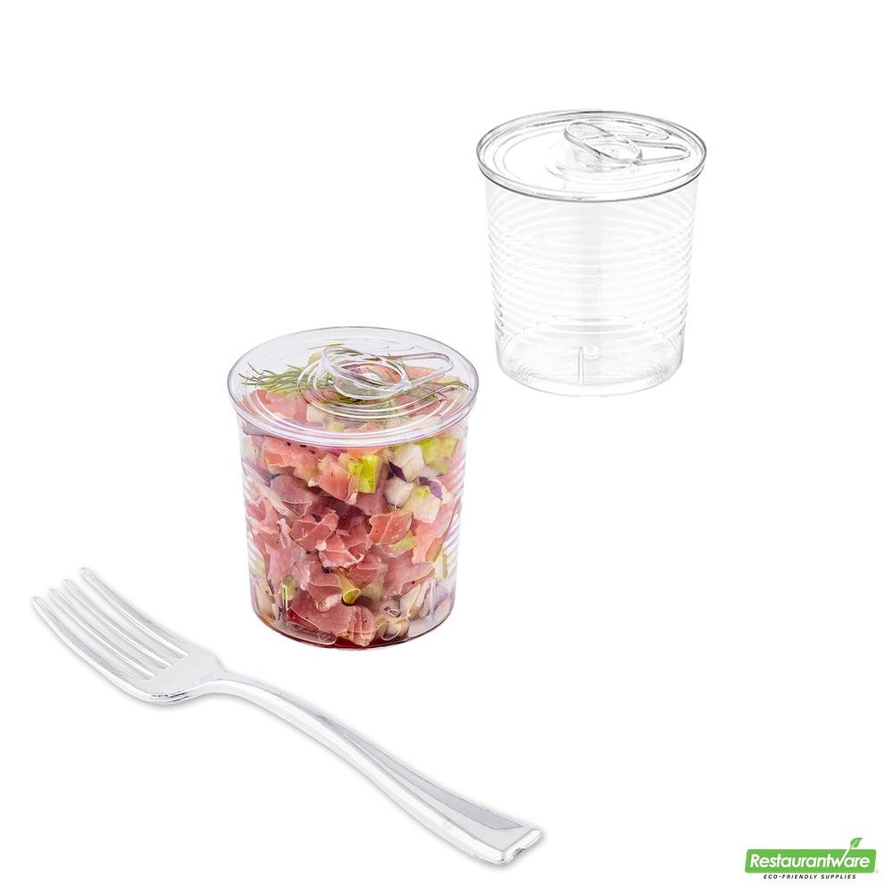 Wholesale Restaurantware 100 4 Oz Round Clear Plastic Tin Cans and 100 Silver Plastic 4" Mini Forks- Bulk