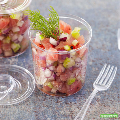 Wholesale Restaurantware 100 4 Oz Round Clear Plastic Tin Cans and 100 Silver Plastic 4" Mini Forks- Bulk