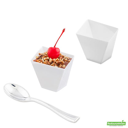 Wholesale Restaurantware Bundle: 100 2 Oz Square White Plastic Girata Dish and 100 Plastic 4" Spoons- Bulk