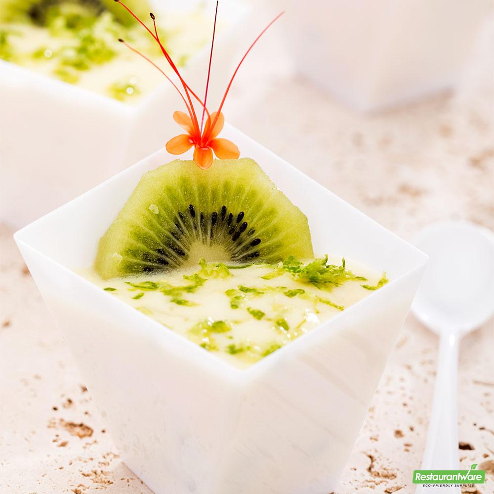 Wholesale Restaurantware Bundle: 100 2 Oz Square White Plastic Girata Dish and 100 Plastic 4" Spoons- Bulk