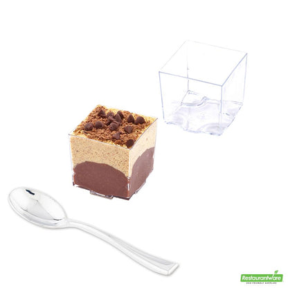 Wholesale Restaurantware Bundle: 100 3 Oz Square Clear Plastic Quadrato Cups and 100 Plastic 4" Spoons- Bulk