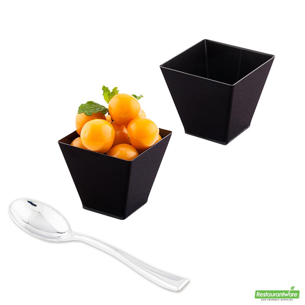 Wholesale Restaurantware Bundle: 100 2 Oz Square Black Plastic Mini Kova Cups with 100 Silver Plastic 4" Mini Spoons- Bulk