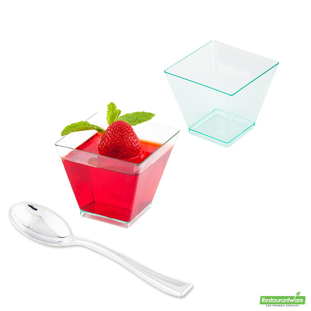 Wholesale Restaurantware Bundle: 100 2 Oz Square Seagreen Plastic Mini Kova Cups with 100 Silver Plastic 4" Mini Spoons- Bulk