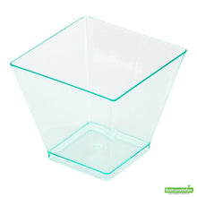 Wholesale Restaurantware Bundle: 100 2 Oz Square Seagreen Plastic Mini Kova Cups with 100 Silver Plastic 4" Mini Spoons- Bulk