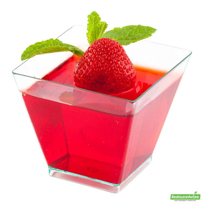 Wholesale Restaurantware Bundle: 100 2 Oz Square Seagreen Plastic Mini Kova Cups with 100 Silver Plastic 4" Mini Spoons- Bulk
