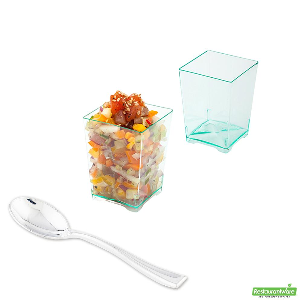 Wholesale Restaurantware Bundle: 100 4 Oz Square Seagreen Plastic Tall Quadrato Cups with 100 Silver Plastic 4" Mini Spoons- Bulk