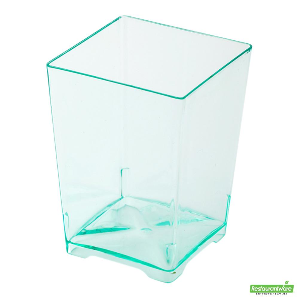 Wholesale Restaurantware Bundle: 100 4 Oz Square Seagreen Plastic Tall Quadrato Cups with 100 Silver Plastic 4" Mini Spoons- Bulk