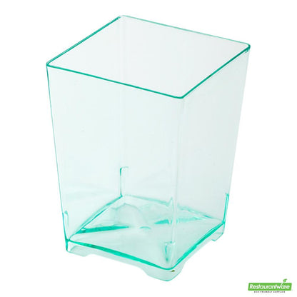 Wholesale Restaurantware Bundle: 100 4 Oz Square Seagreen Plastic Tall Quadrato Cups with 100 Silver Plastic 4" Mini Spoons- Bulk