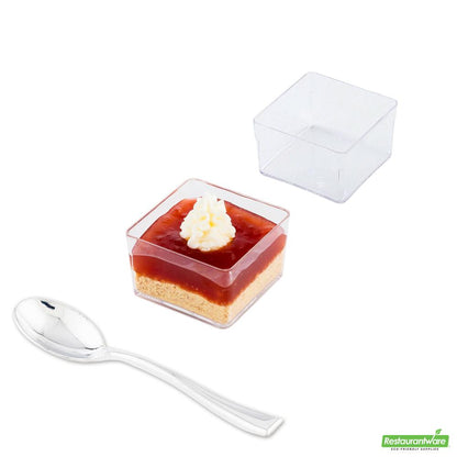 Restaurantware 100 2 Oz Square Clear Plastic Short Quadrato Cups and 100 Silver Plastic 4" Mini Spoons