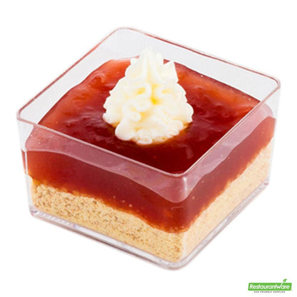 Restaurantware 100 2 Oz Square Clear Plastic Short Quadrato Cups and 100 Silver Plastic 4" Mini Spoons
