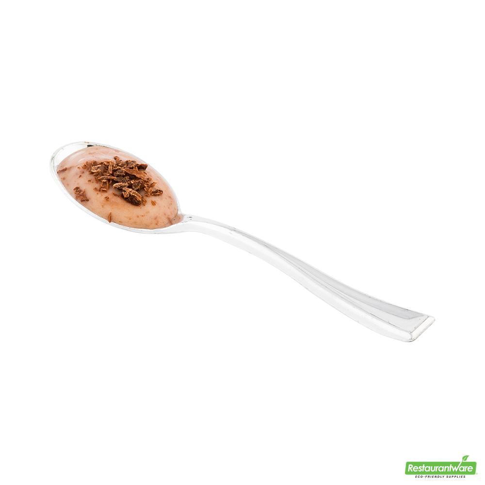 Restaurantware 100 2 Oz Square Clear Plastic Short Quadrato Cups and 100 Silver Plastic 4" Mini Spoons