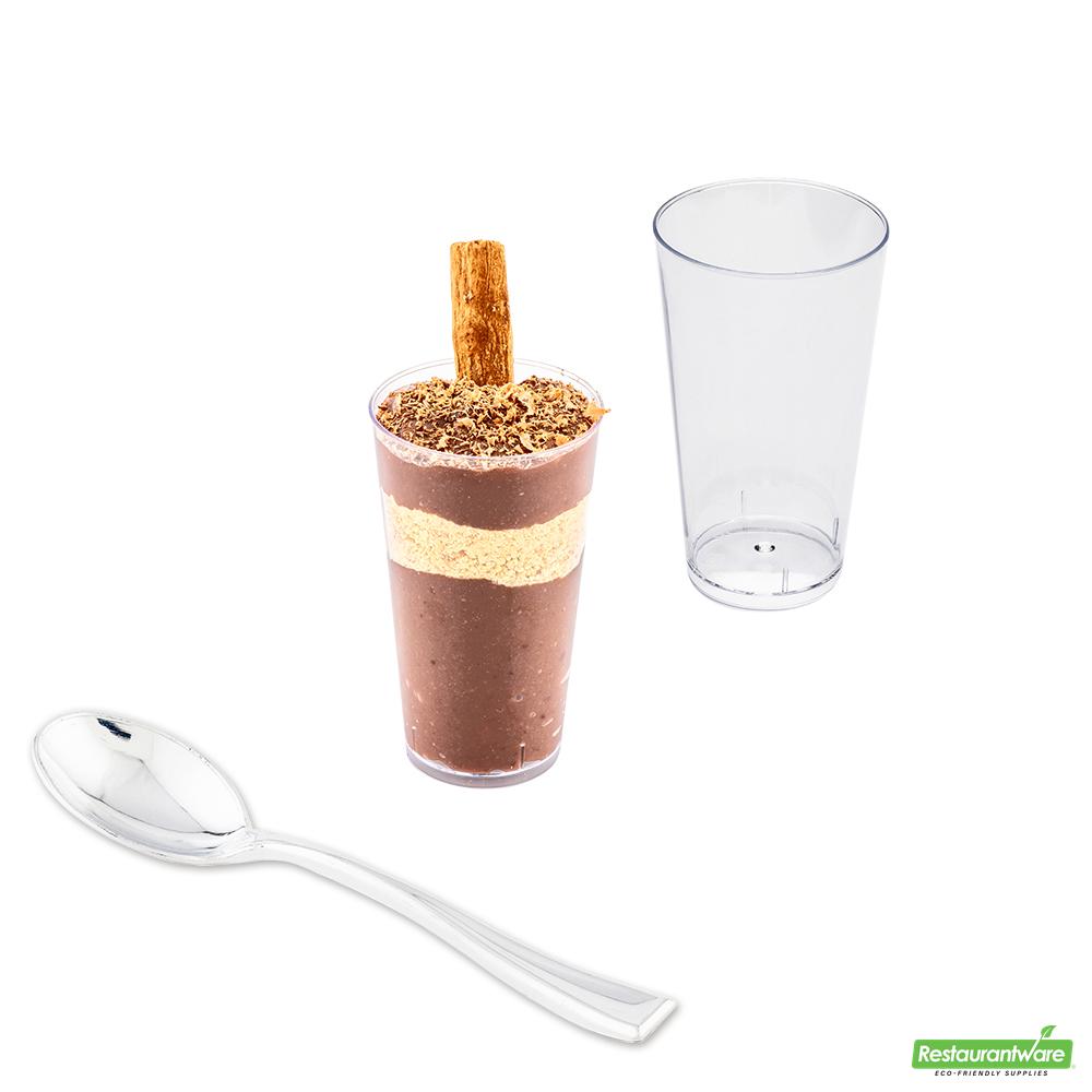 Wholesale Restaurantware 100 3 Oz Round Clear Plastic Cannello Dessert Glass and 100 Silver Plastic 4" Mini Spoons- Bulk