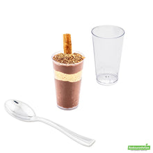 Wholesale Restaurantware 100 3 Oz Round Clear Plastic Cannello Dessert Glass and 100 Silver Plastic 4" Mini Spoons- Bulk