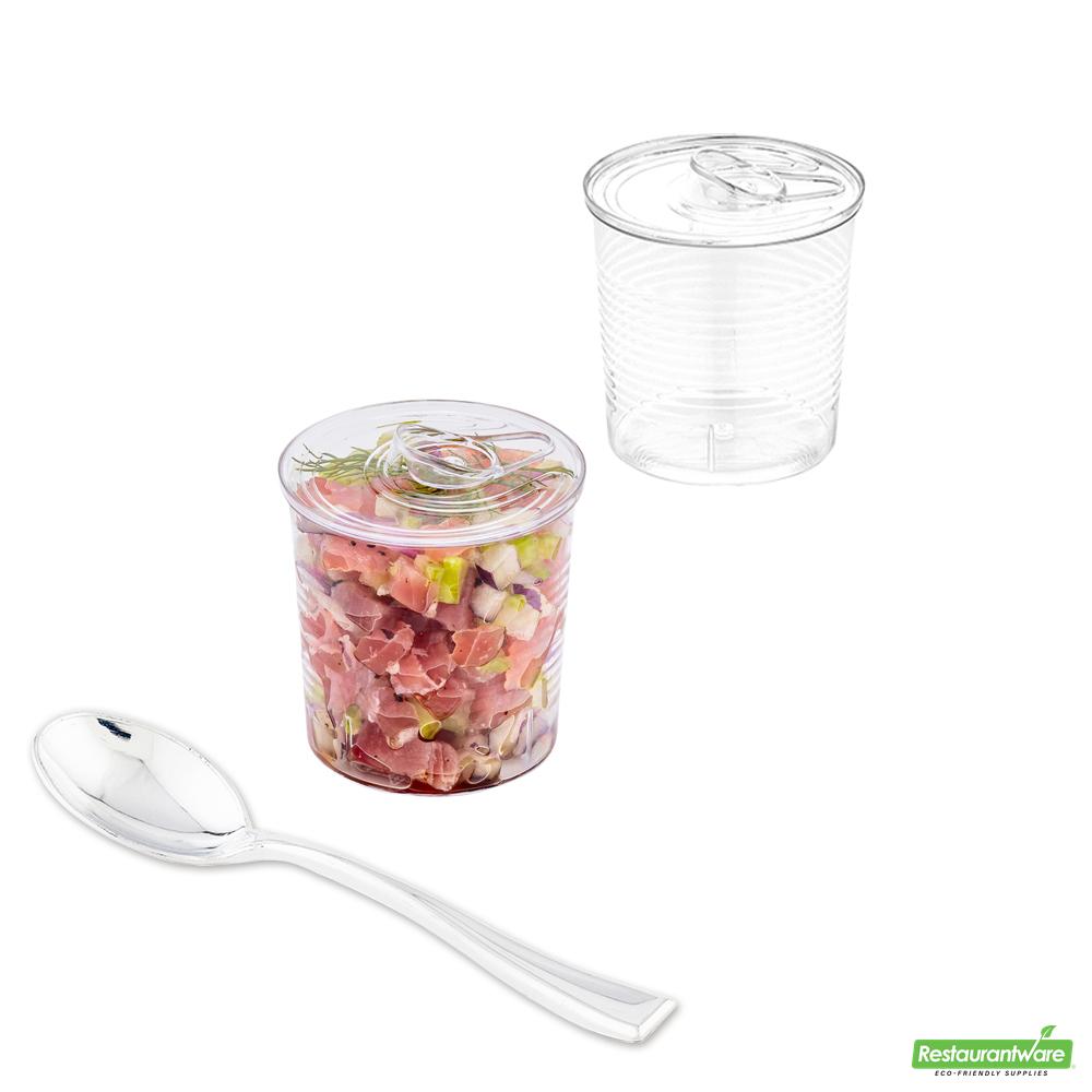 Wholesale Restaurantware 100 4 Oz Round Clear Plastic Tin Cans and 100 Silver Plastic 4" Mini Spoons- Bulk