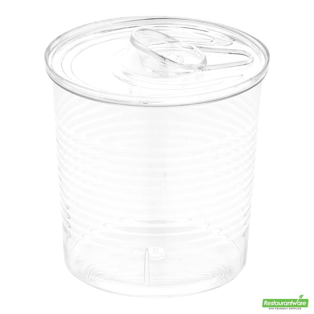 Wholesale Restaurantware 100 4 Oz Round Clear Plastic Tin Cans and 100 Silver Plastic 4" Mini Spoons- Bulk