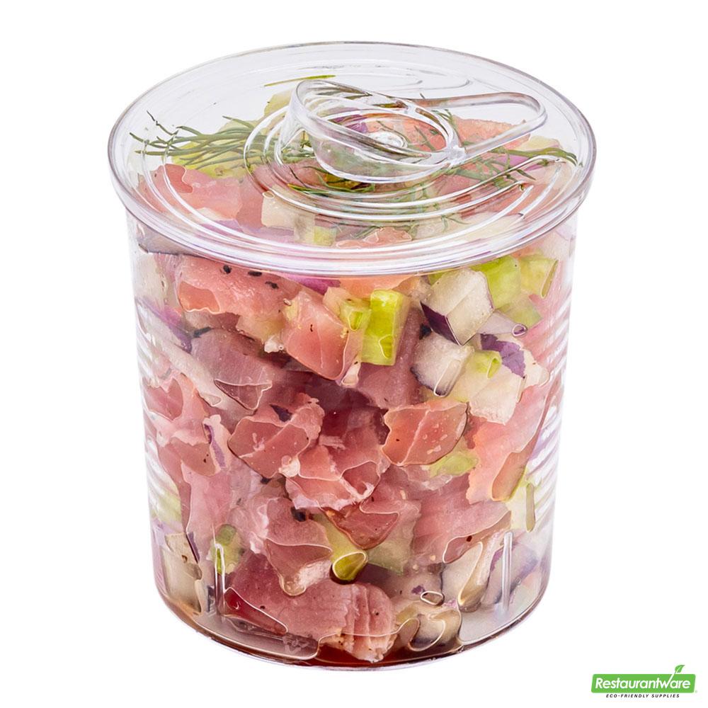 Wholesale Restaurantware 100 4 Oz Round Clear Plastic Tin Cans and 100 Silver Plastic 4" Mini Spoons- Bulk