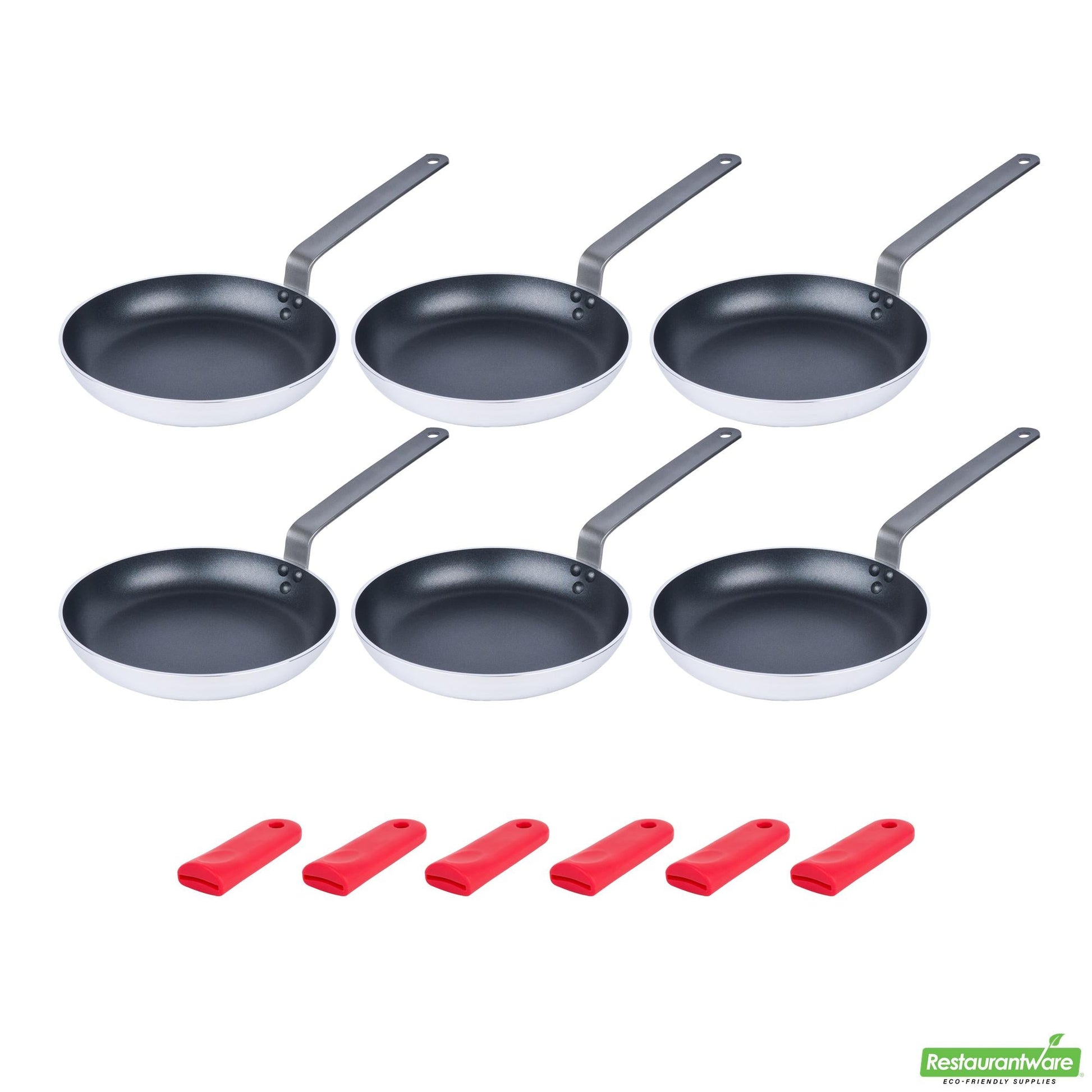 Wholesale Restaurantware Bundle: 6 Aluminum 10" Induction Ready Fry Pans and 6 Red Sleeves- Bulk