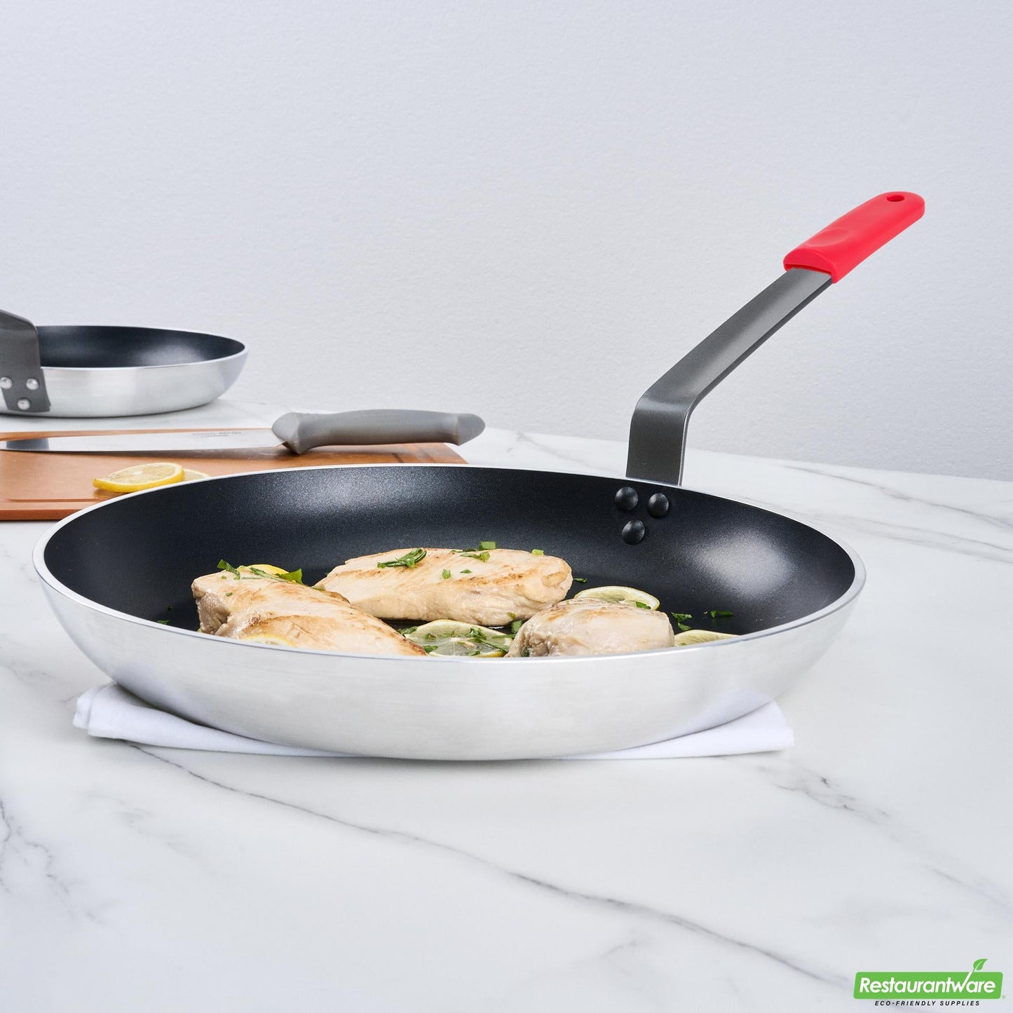 Wholesale Restaurantware Bundle: 1 Aluminum 14" Induction Ready Fry Pan and 1 Red Sleeve- Bulk