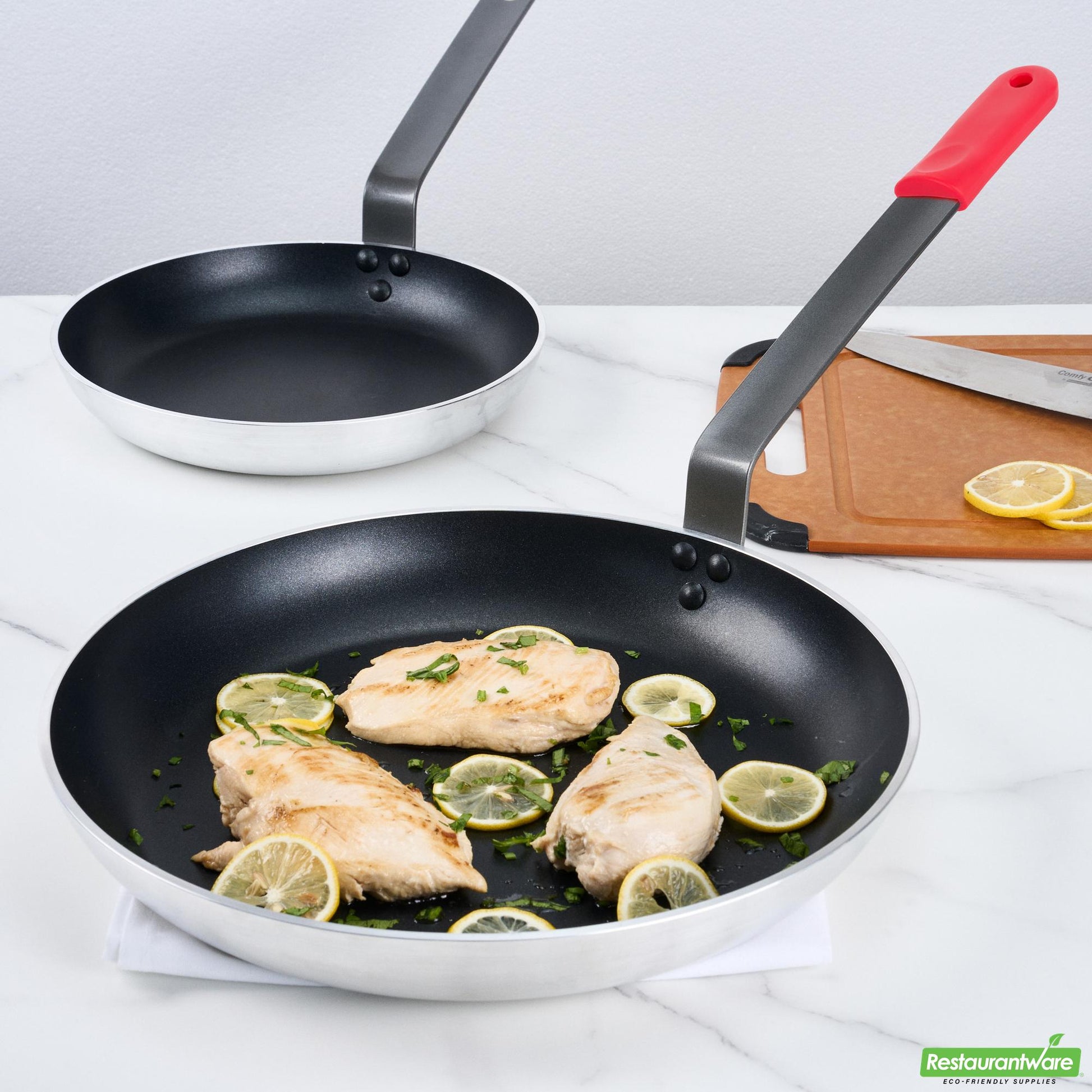 Wholesale Restaurantware Bundle: 1 Aluminum 14" Induction Ready Fry Pan and 1 Red Sleeve- Bulk