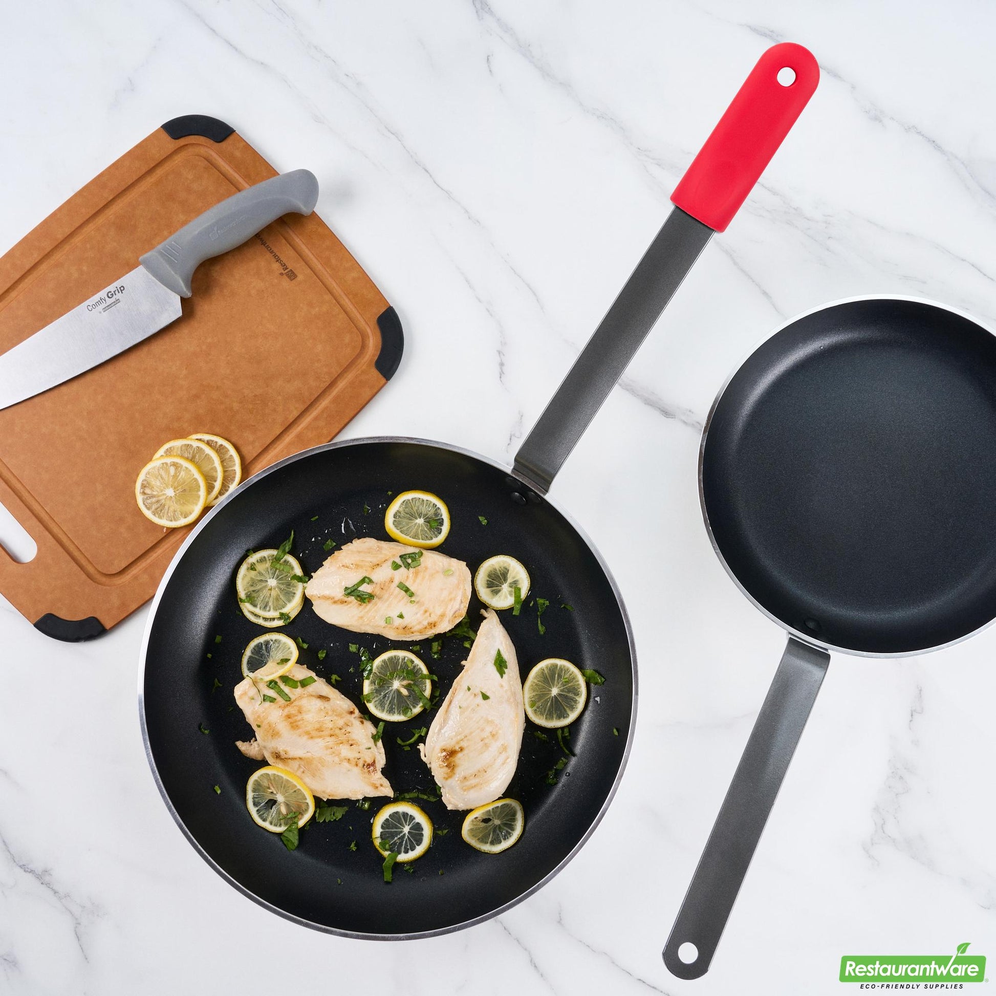 Wholesale Restaurantware Bundle: 1 Aluminum 14" Induction Ready Fry Pan and 1 Red Sleeve- Bulk