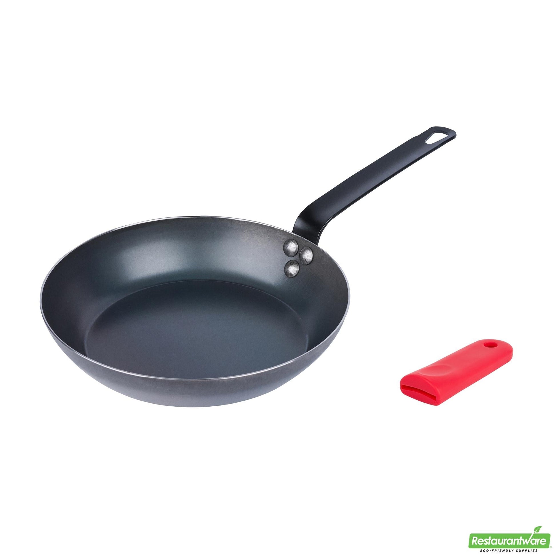 Wholesale Restaurantware Bundle: 1 Black Carbon Steel 9 1/2" Pre-Seasoned Fry Pan and 1 Sleeve- Bulk