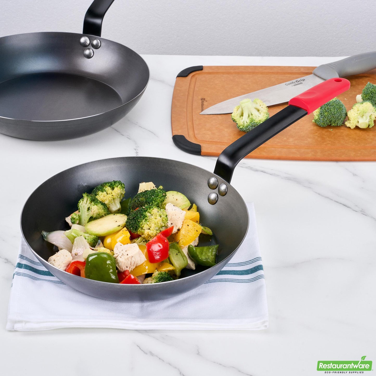 Wholesale Restaurantware Bundle: 6 Black Carbon Steel 10" Pre-Seasoned Fry Pans and 6 Sleeves- Bulk