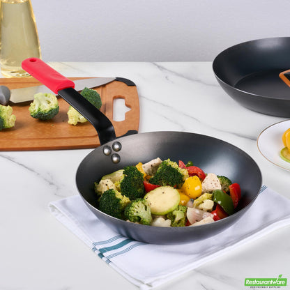 Wholesale Restaurantware Bundle: 6 Black Carbon Steel 10" Pre-Seasoned Fry Pans and 6 Sleeves- Bulk