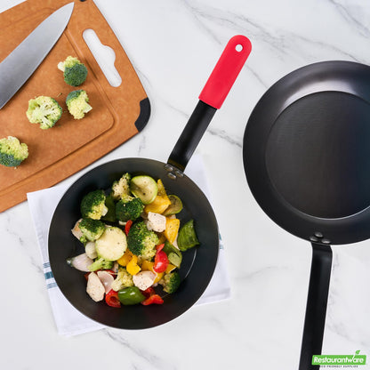 Wholesale Restaurantware Bundle: 6 Black Carbon Steel 10" Pre-Seasoned Fry Pans and 6 Sleeves- Bulk