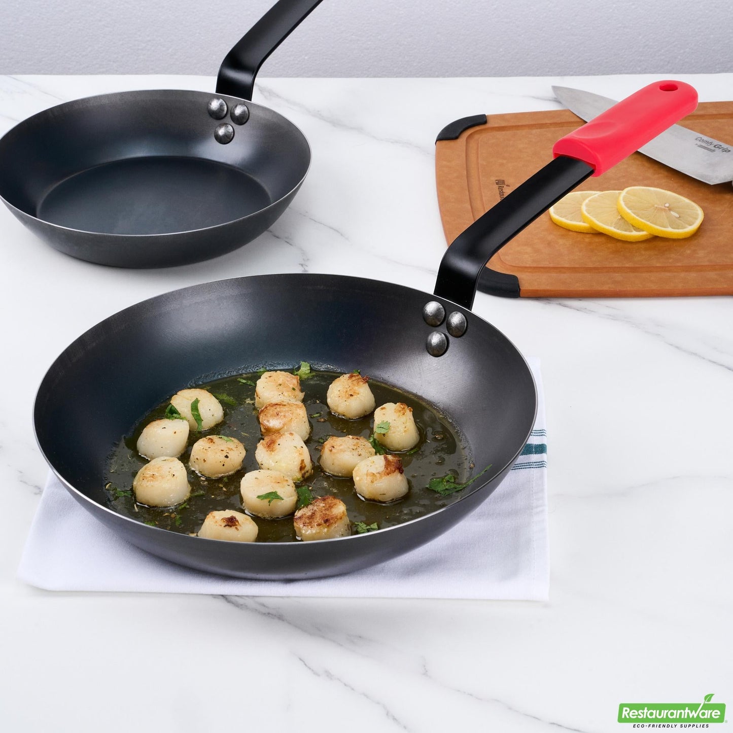 Wholesale Restaurantware Bundle: 1 Black Carbon Steel 11" Pre-Seasoned Fry Pan and 1 Sleeve- Bulk