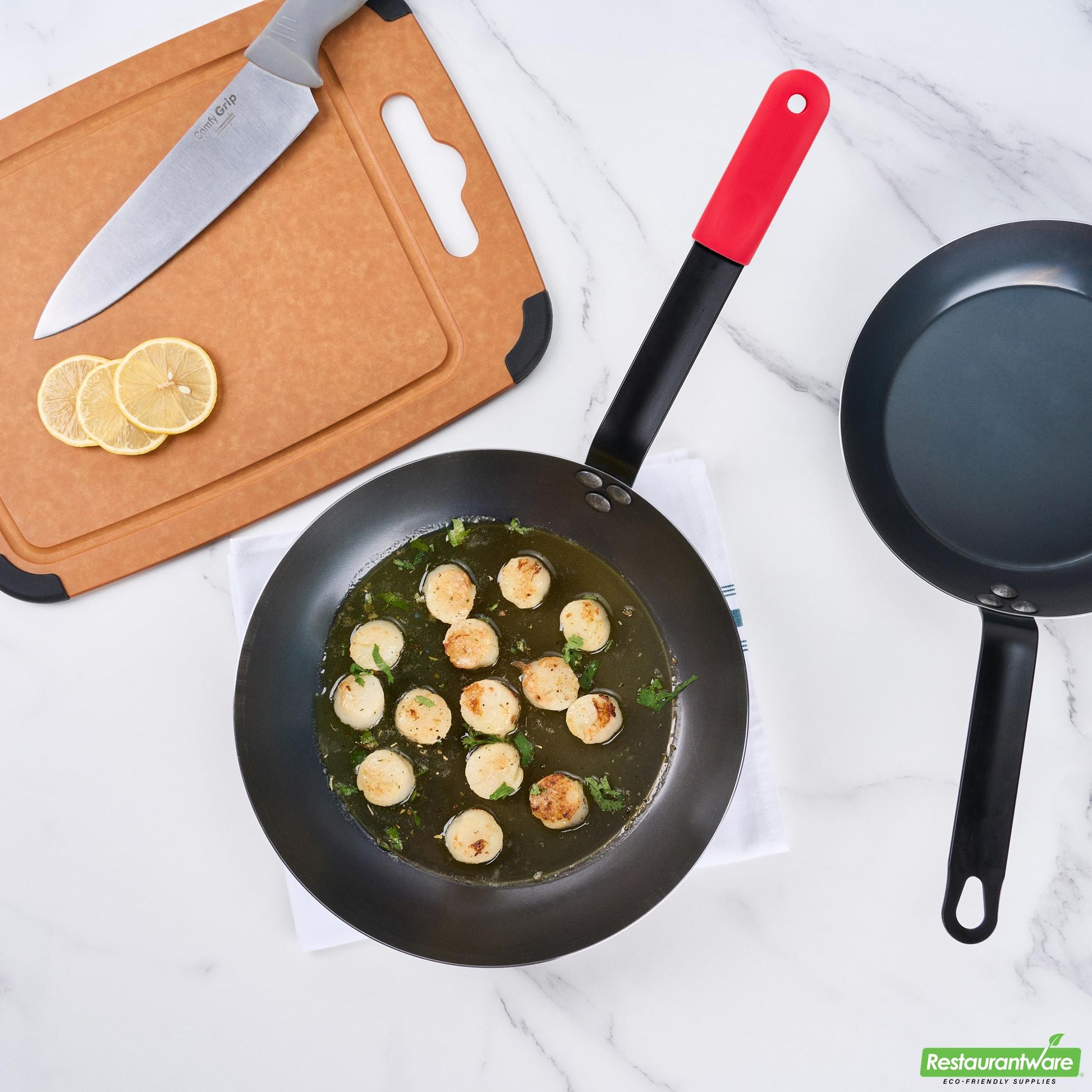 Wholesale Restaurantware Bundle: 1 Black Carbon Steel 11" Pre-Seasoned Fry Pan and 1 Sleeve- Bulk