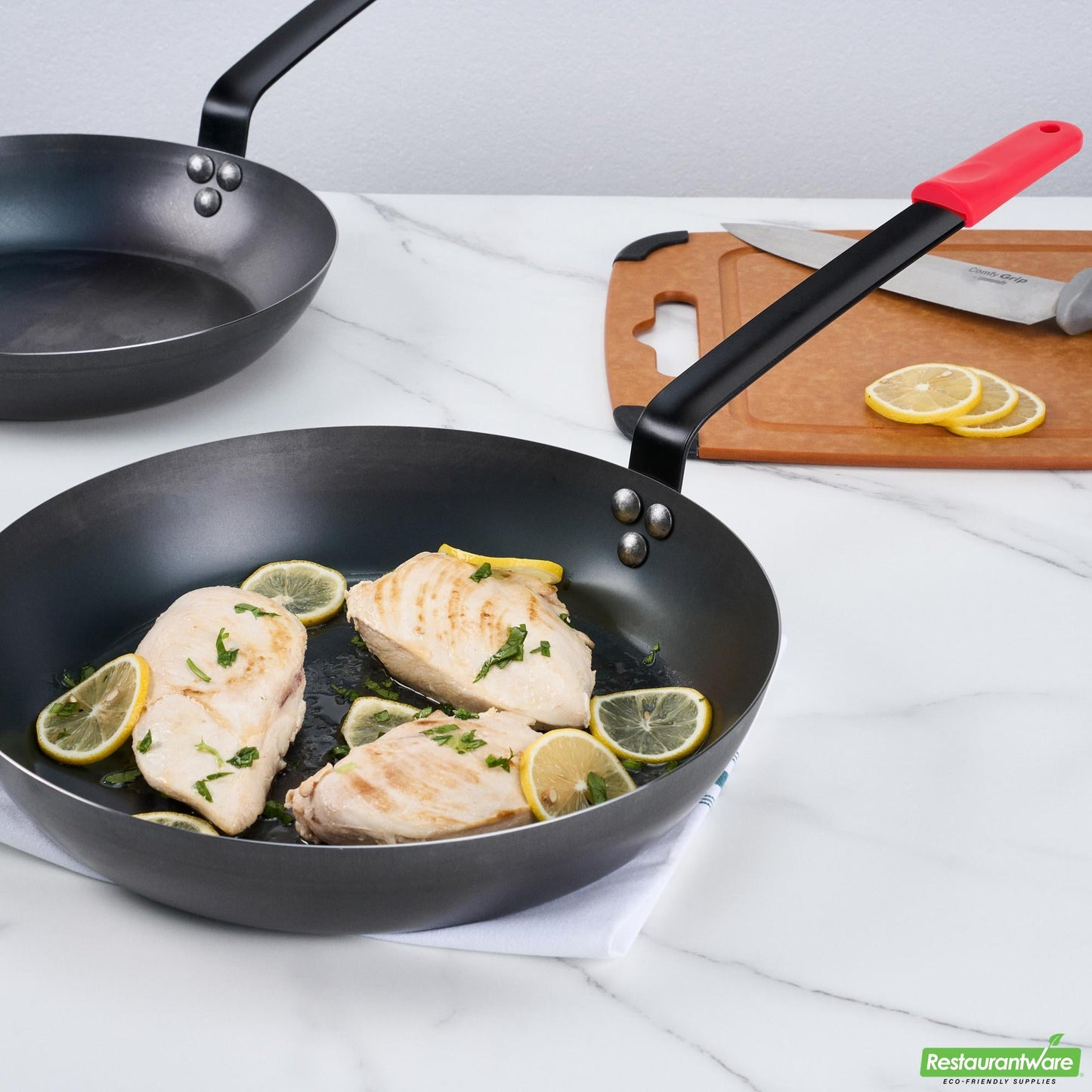 Wholesale Restaurantware Bundle: 6 Black Carbon Steel 13" Pre-Seasoned Fry Pans and 6 Sleeves- Bulk