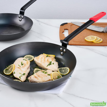 Wholesale Restaurantware Bundle: 6 Black Carbon Steel 13" Pre-Seasoned Fry Pans and 6 Sleeves- Bulk