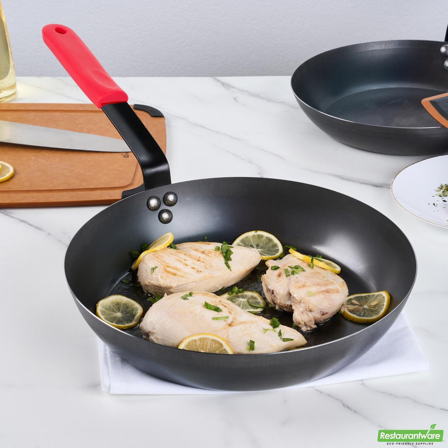 Wholesale Restaurantware Bundle: 6 Black Carbon Steel 13" Pre-Seasoned Fry Pans and 6 Sleeves- Bulk