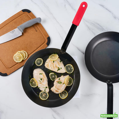 Wholesale Restaurantware Bundle: 6 Black Carbon Steel 13" Pre-Seasoned Fry Pans and 6 Sleeves- Bulk