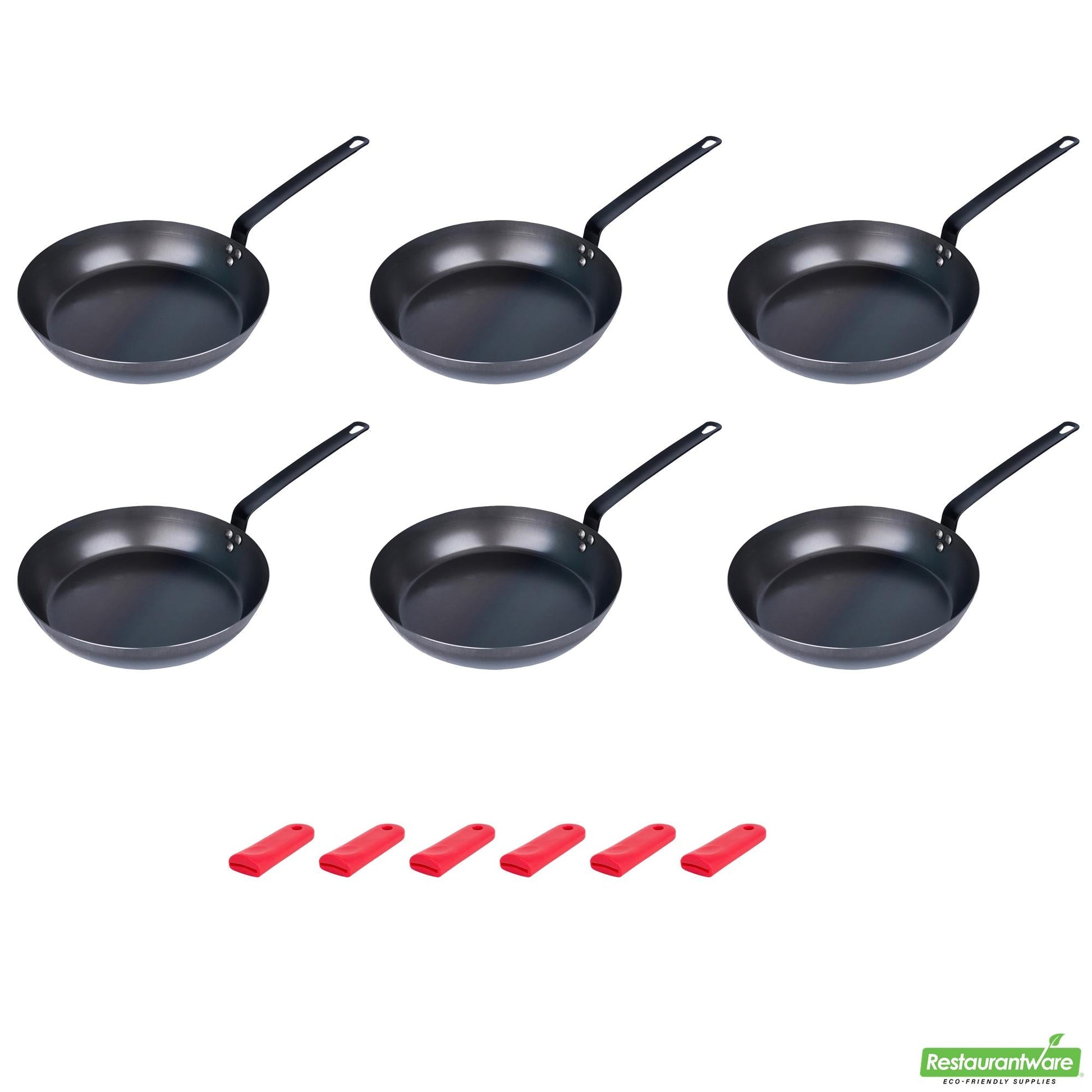 Wholesale Restaurantware Bundle: 6 Black Carbon Steel 13" Pre-Seasoned Fry Pans and 6 Sleeves- Bulk