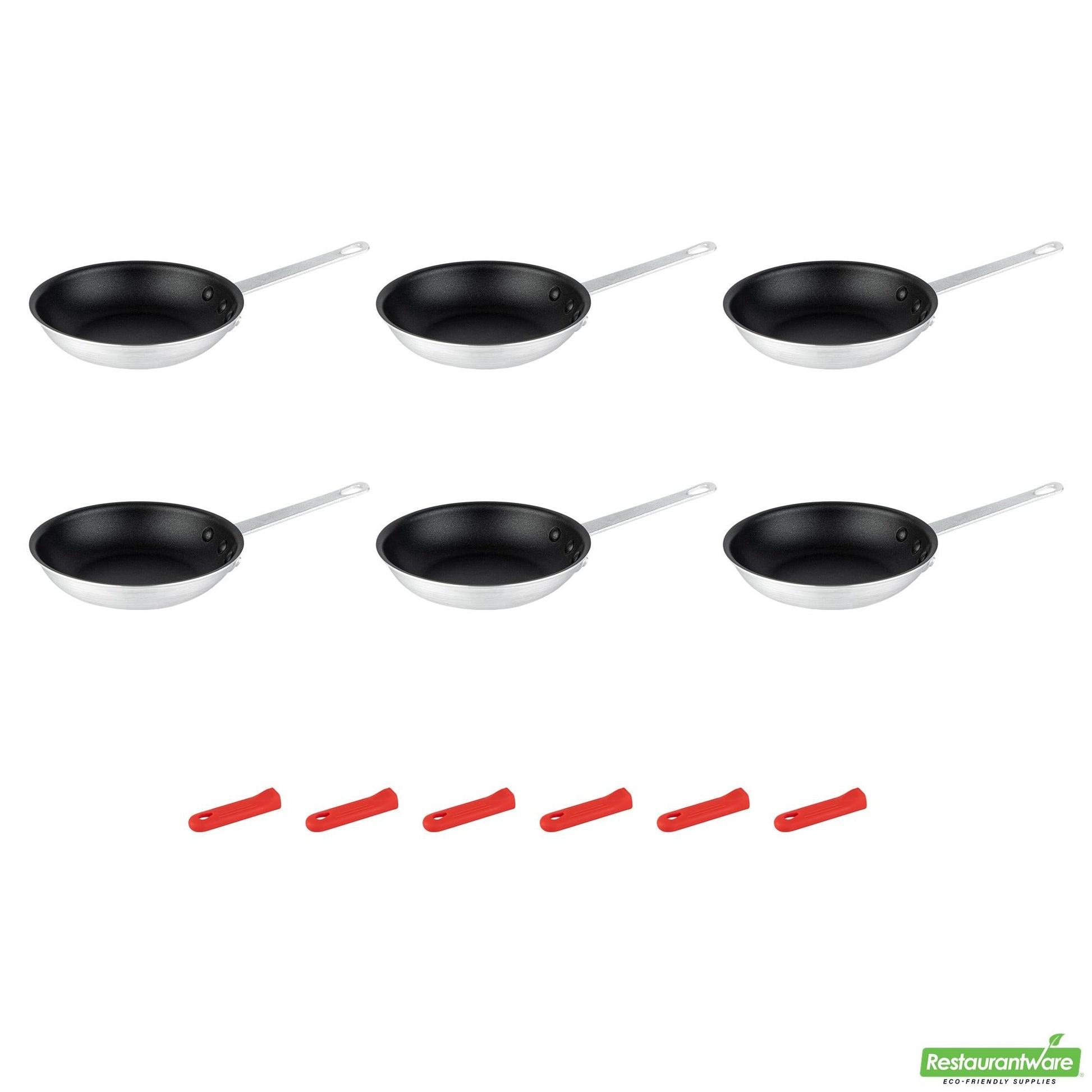 Wholesale Restaurantware Bundle: 6 Aluminum 8" Non-Stick Fry Pans and 6 Red Sleeves- Bulk