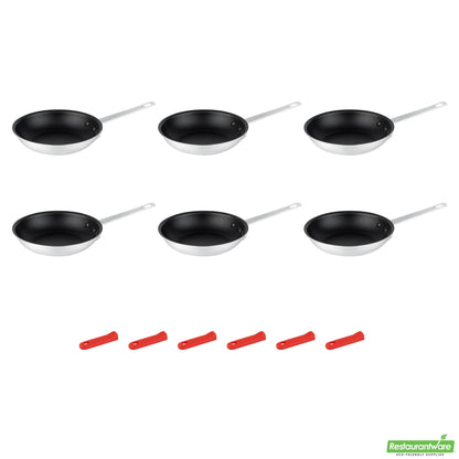 Wholesale Restaurantware Bundle: 6 Aluminum 8" Non-Stick Fry Pans and 6 Red Sleeves- Bulk