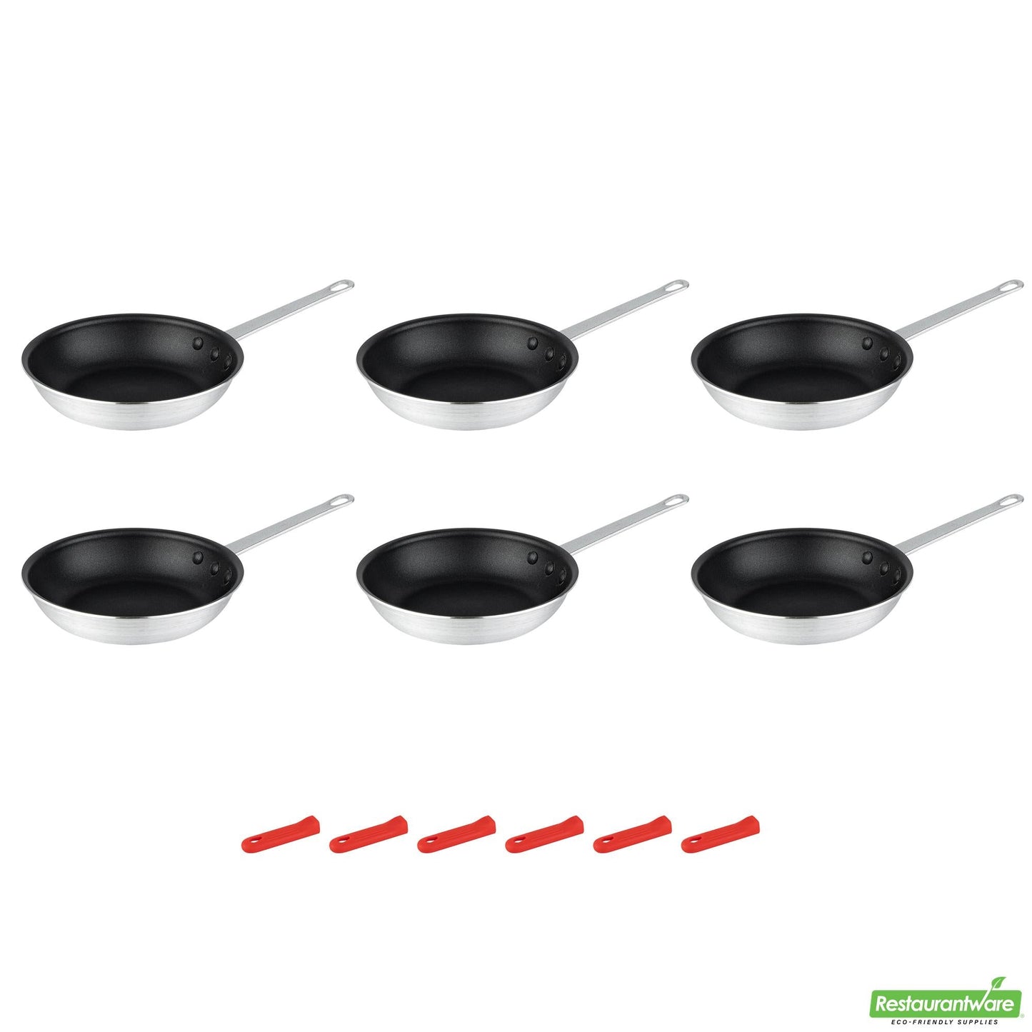 Wholesale Restaurantware Bundle: 6 Aluminum 9" Non-Stick Fry Pans and 6 Red Sleeves- Bulk
