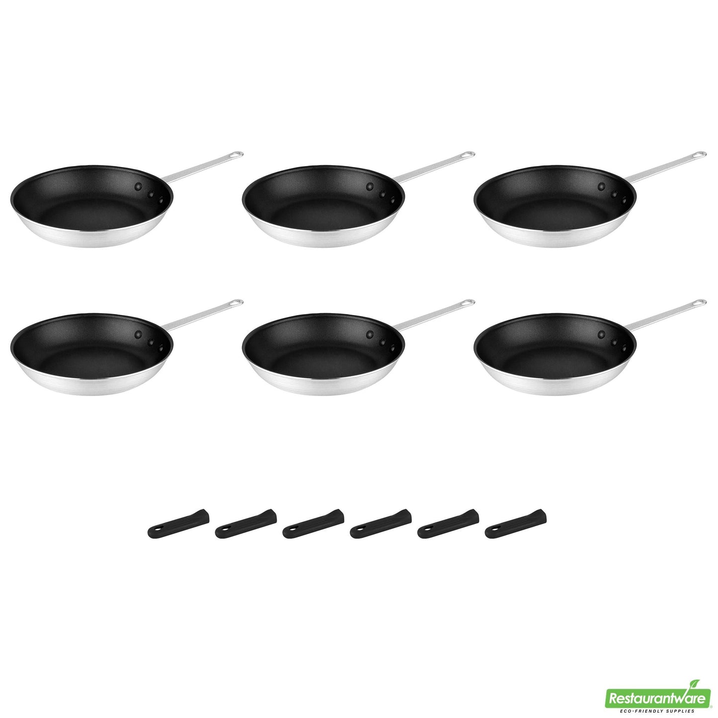 Wholesale Restaurantware Bundle: 6 Aluminum 10" Non-Stick Fry Pans and 6 Black Sleeves- Bulk