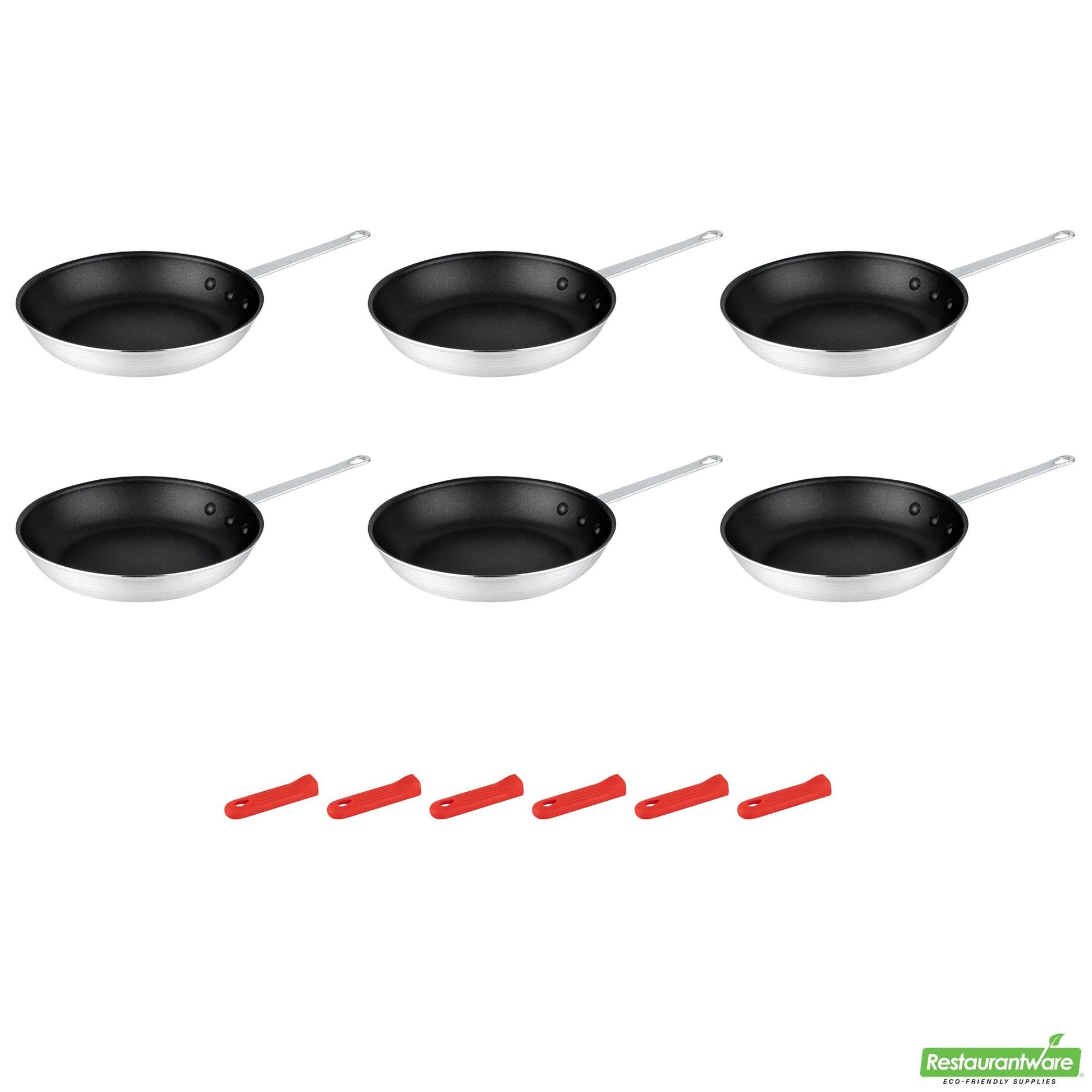 Wholesale Restaurantware Bundle: 6 Aluminum 10" Non-Stick Fry Pans and 6 Red Sleeves- Bulk